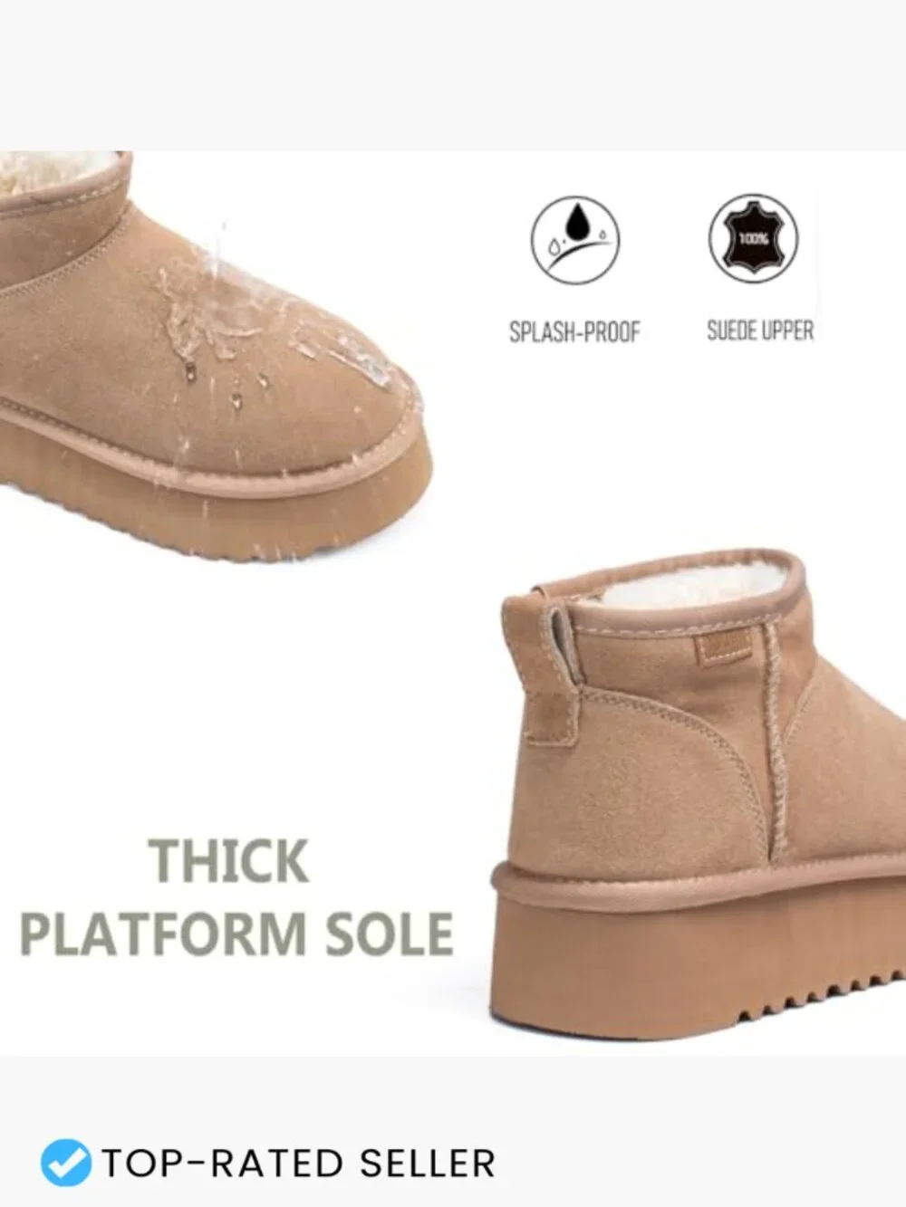 Platform Ankle Snow Boots Women Genuine Suede Winter Anti-Slip Pull-On Short